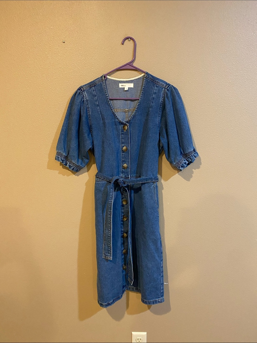 Denim Button-Front Puff Sleeve Dress - Blue